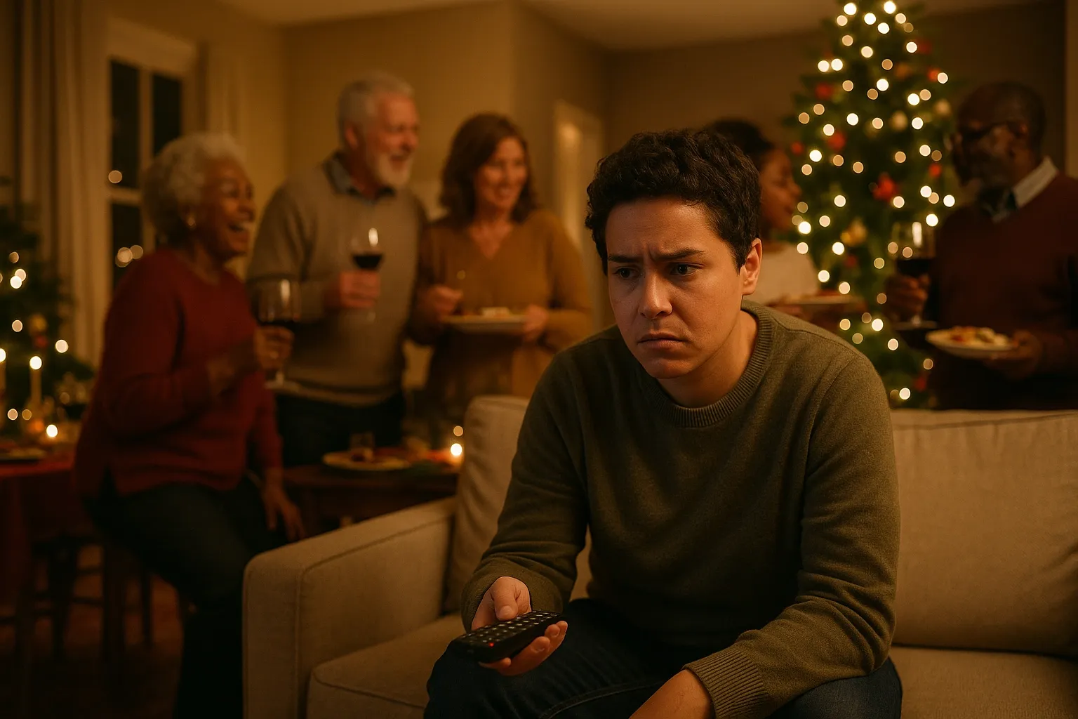 A young man sits on the couch with a remote in his hands, looking pensive. In the background, a group of people laughs while holding wine glasses and plates of food in front of a Christmas tree.
