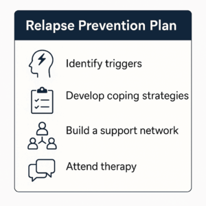 Infographic titled ‘Relapse Prevention Plan’ listing six key steps for maintaining sobriety: identify triggers, manage cravings and urges, practice mindfulness, develop coping skills, attend support groups, and seek individual therapy. The design features a clean light-blue background with dark blue text and bullet points for clarity and calm visual appeal.