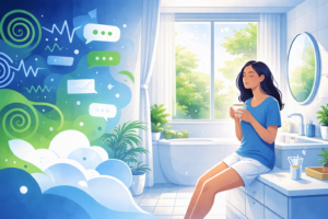 Bright illustration of a person relaxing in a sunlit bathroom while abstract icons and shapes representing notifications, noise, and digital stress fade into a calm home environment.